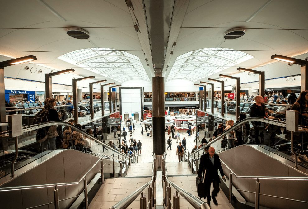 Wide view inside the terminal at London Gatwick Airport.
