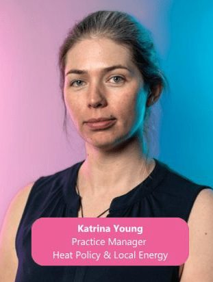 Katrina Young of Energy Systems Catapult, in a black top, with her name and job title on a pink background.