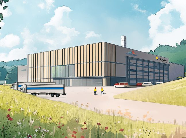Artist's impression of Saint-Gobain's planned low-carbon factory, with landscaped grounds in front.