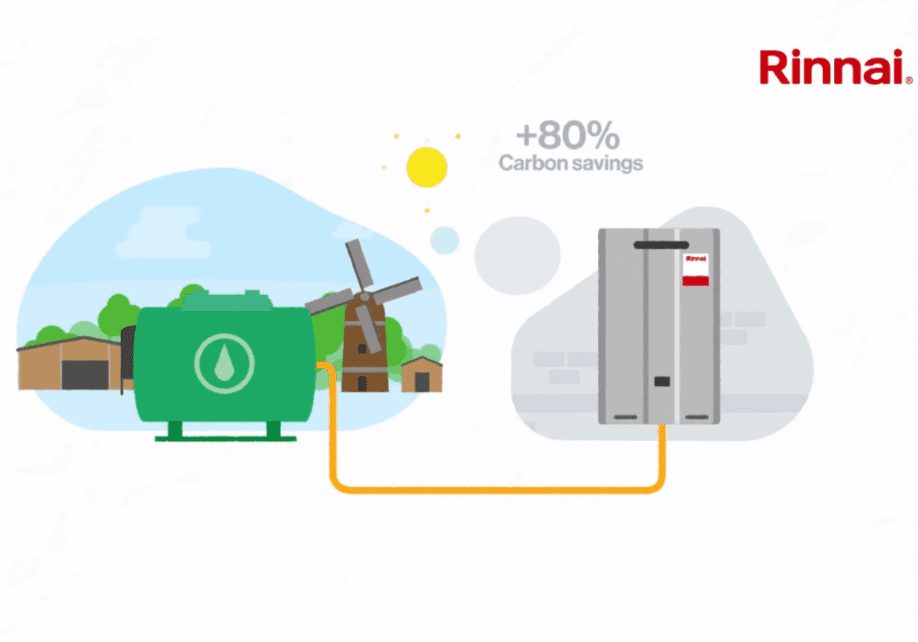 Rinnai diagram of a gas storage tank supplying a Rinnai water heater, with a note of up to 80% carbon savings.