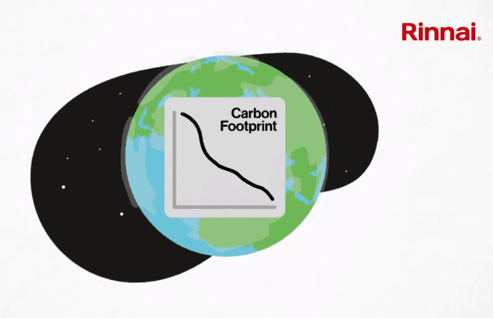 Rinnai graphic of a globe with a falling carbon footprint chart on it.