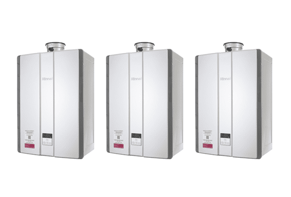 Three white Rinnai continuous-flow water heaters side by side.