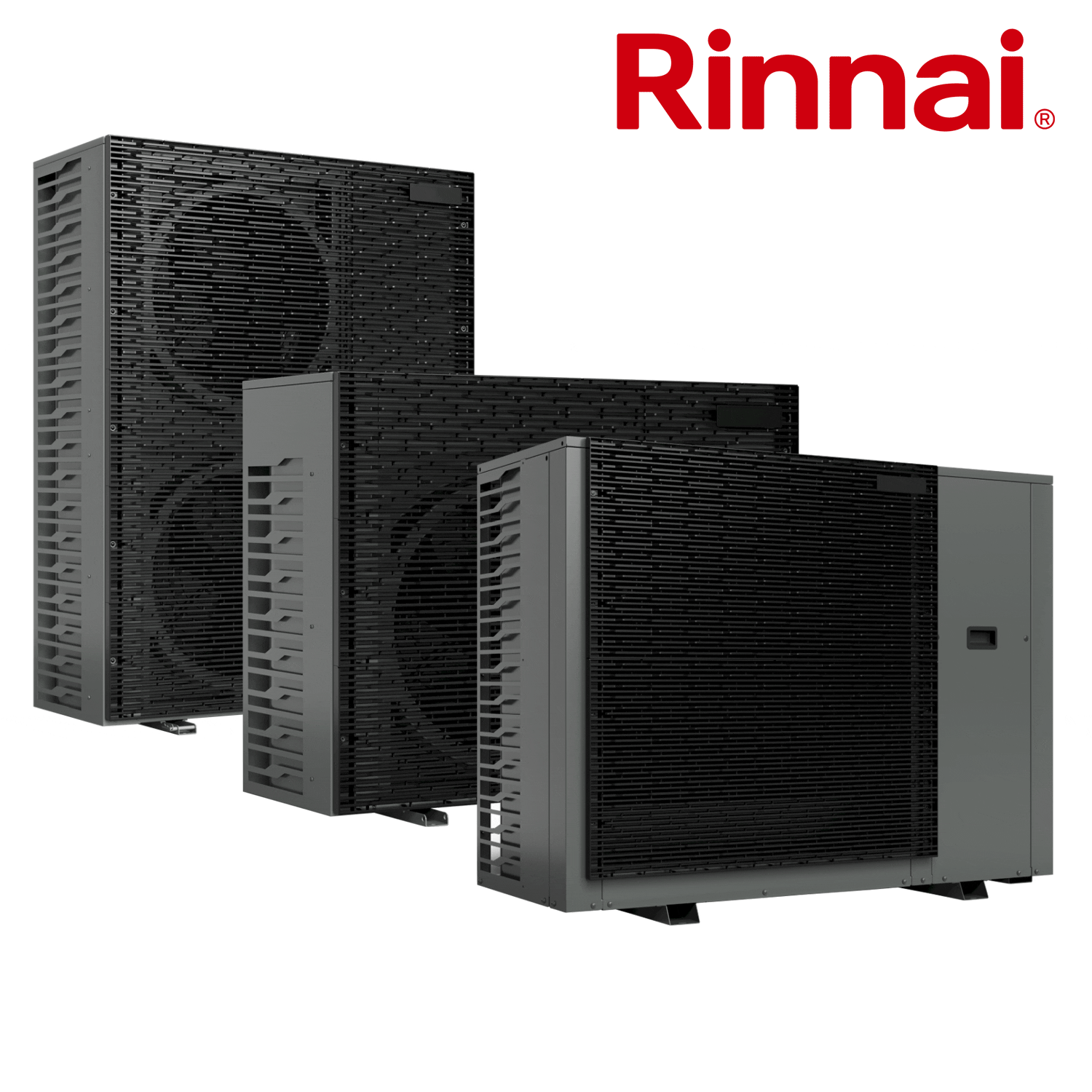 Three Rinnai R290 air source heat pumps of different sizes.