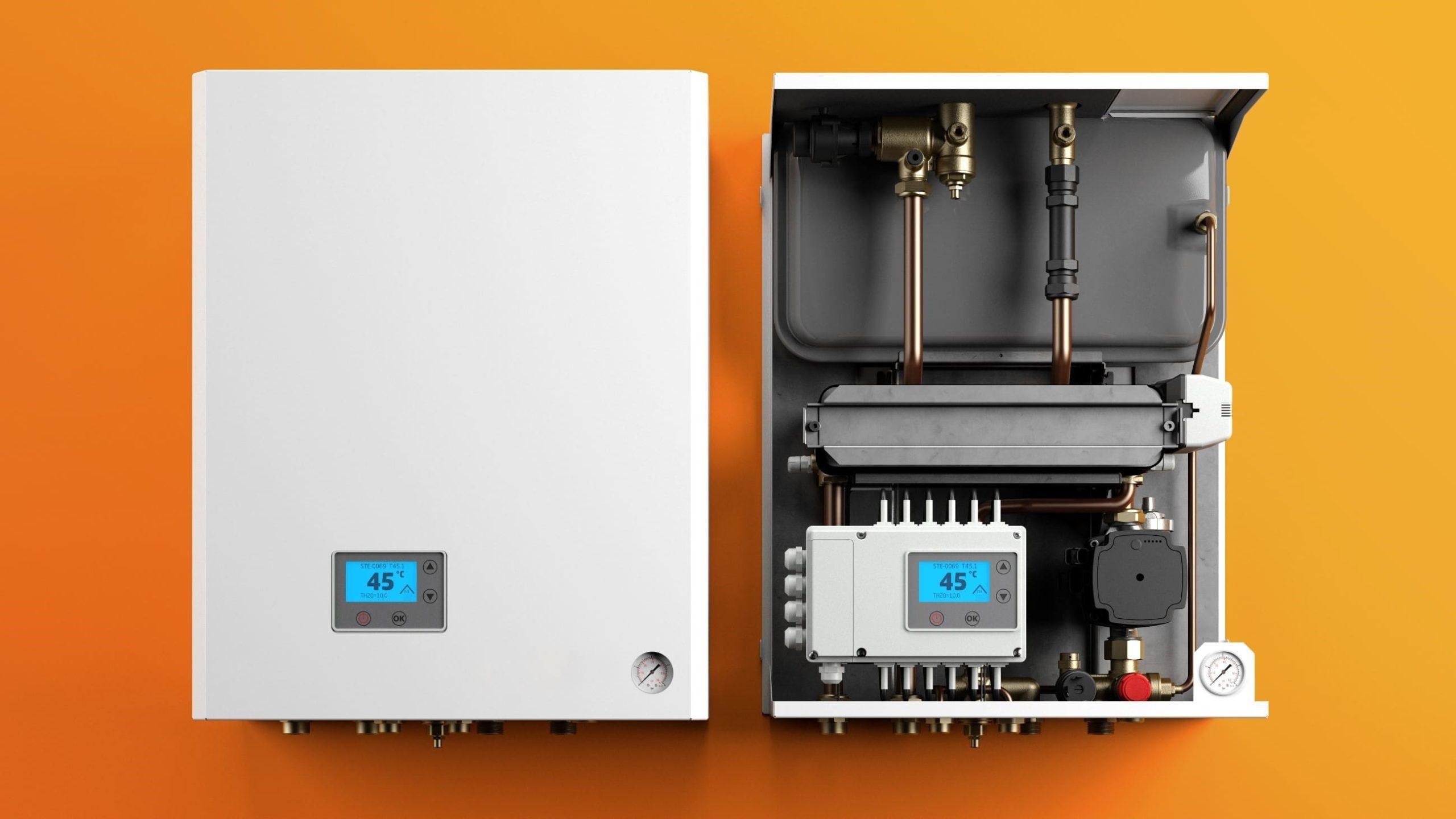 A heat interface unit shown with its white case on and beside it with the case removed to show the internal pipework and controls.