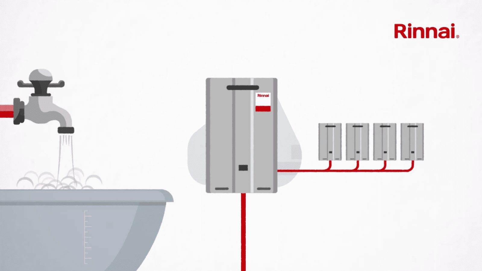 Rinnai illustration of a tap filling a bath, fed by a water heater and a row of linked units.