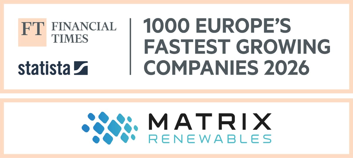 Financial Times and Statista badge for Europe's 1000 fastest growing companies 2026, with the Matrix Renewables logo.