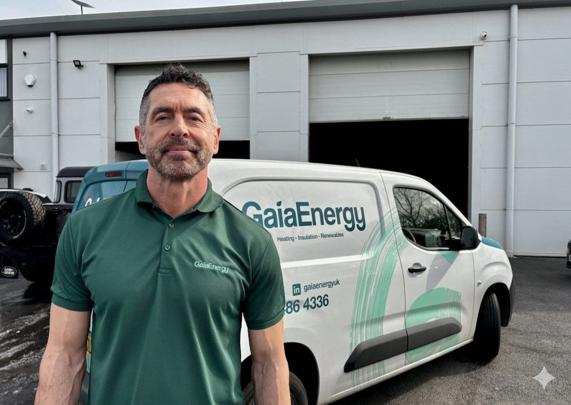 A smiling man in a green Gaia Energy polo shirt in front of a Gaia Energy van.