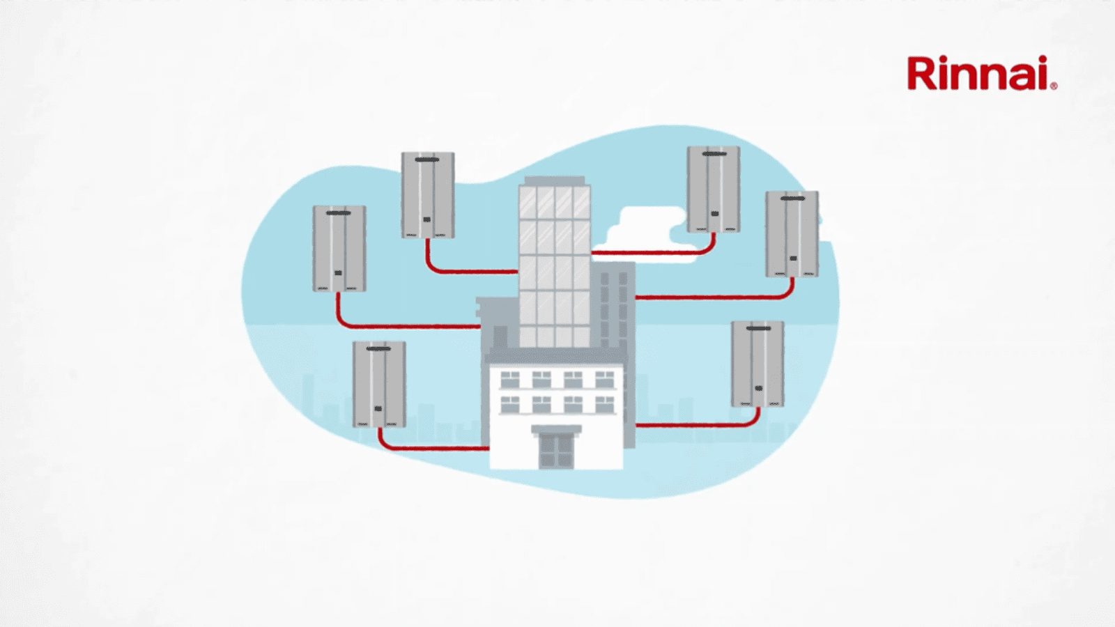 Rinnai illustration of several water heaters connected around a commercial building.