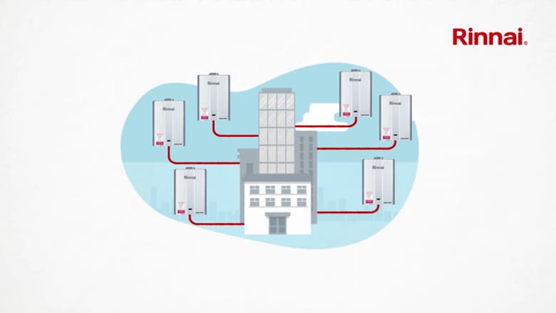 Rinnai illustration of several water heaters connected around a commercial building.