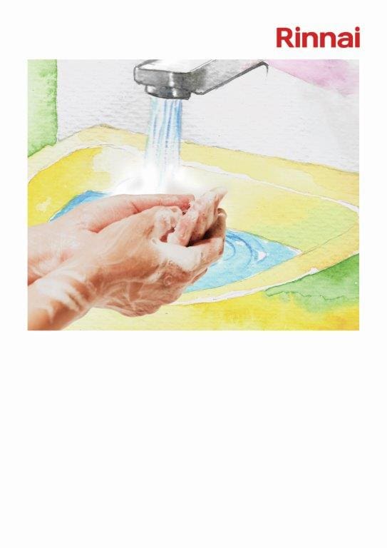 Rinnai watercolour illustration of hands being washed under a running tap.