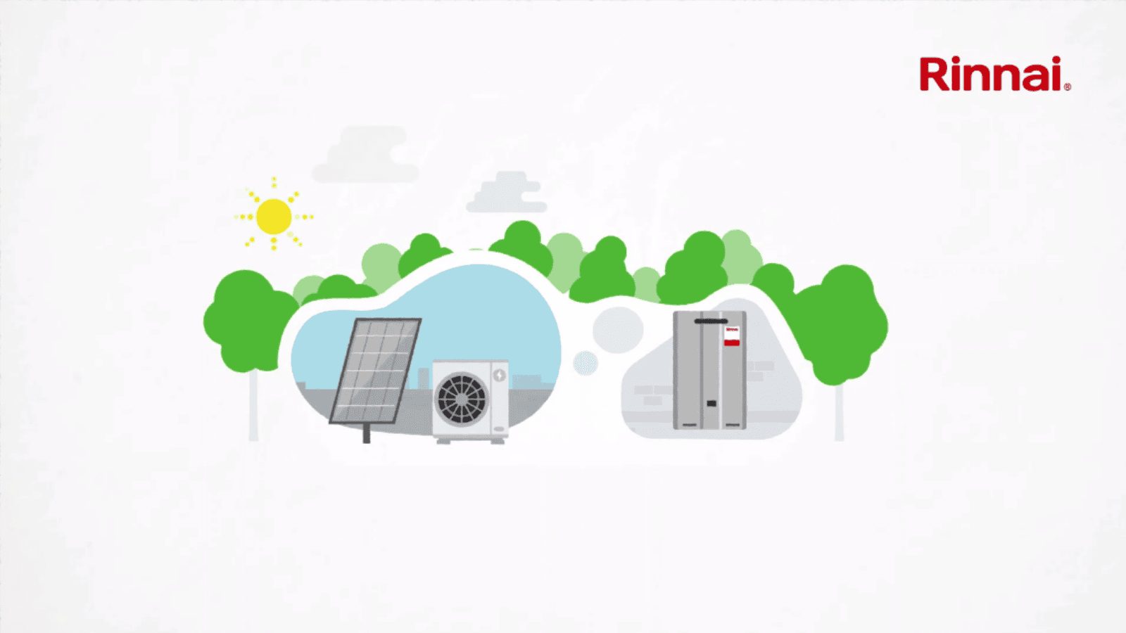 Rinnai illustration of a hybrid heating system, with a solar panel, an air source heat pump and a hot water unit among trees.