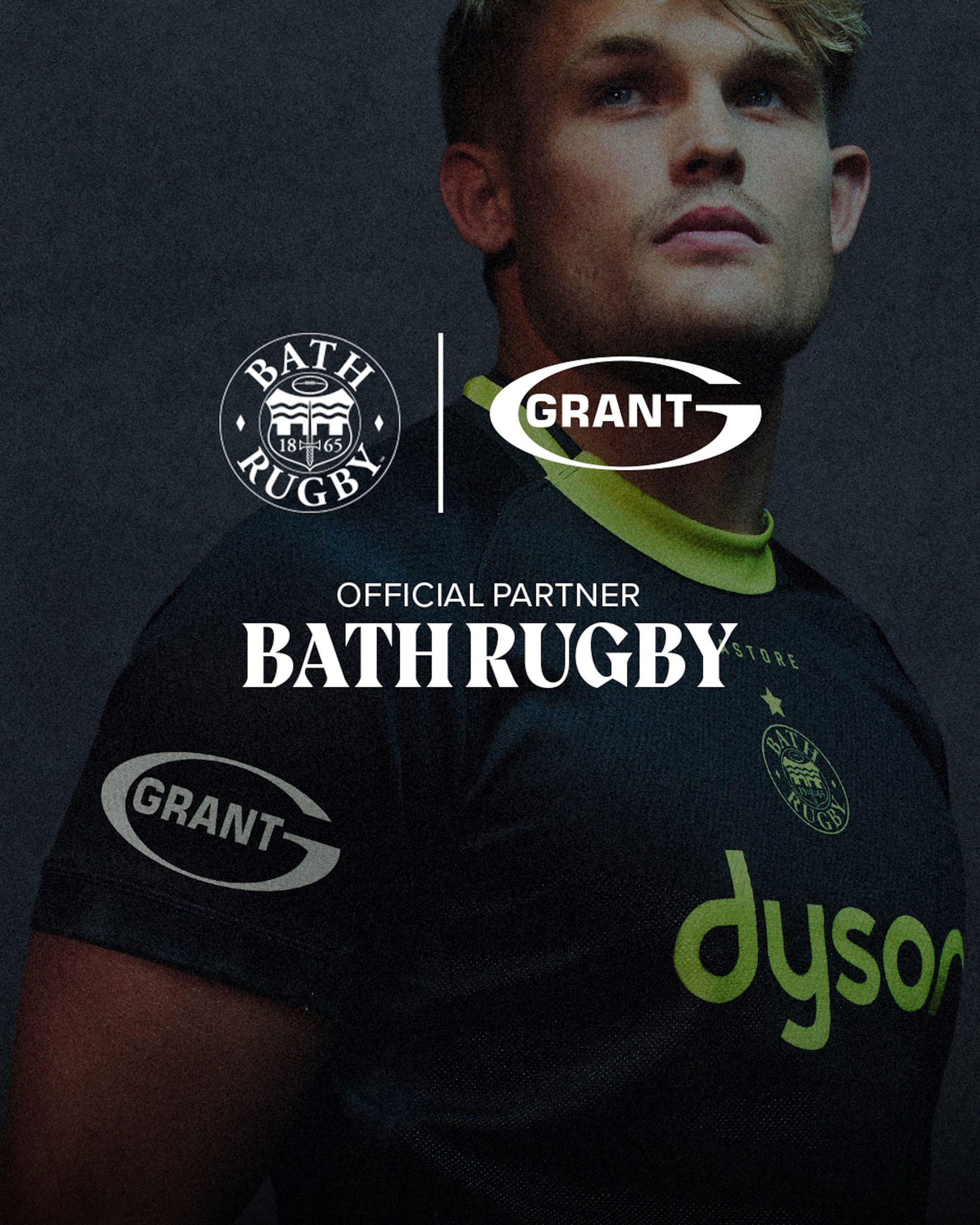 A Bath Rugby player in the team's shirt carrying the Grant logo, with Grant named as an official partner of Bath Rugby.