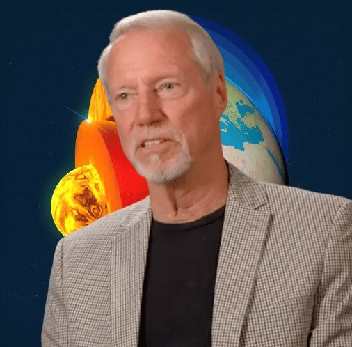 A grey-haired man in a tweed jacket speaks to camera in front of a graphic of the Earth's layers.