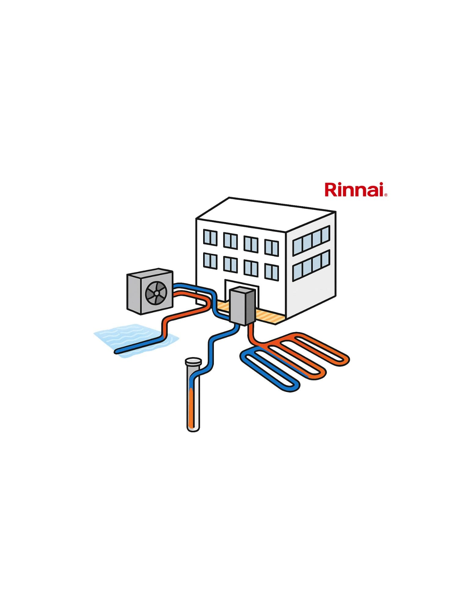 Rinnai illustration of a commercial building connected to an air source heat pump and to ground and water loops.