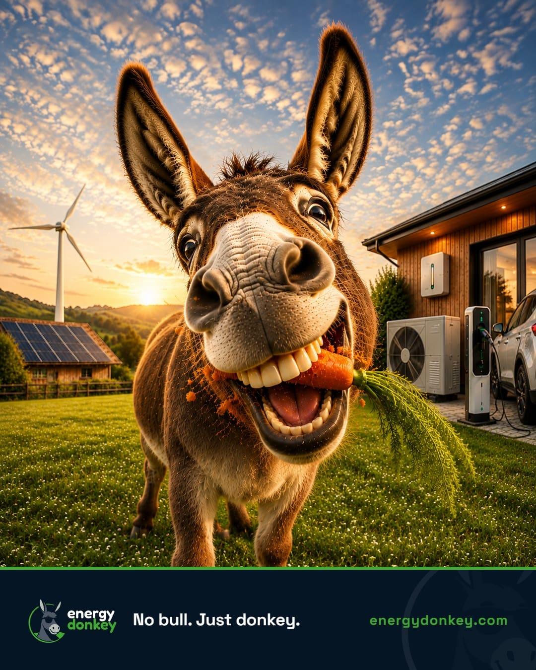 Energy Donkey advert showing a cheerful donkey chewing grass in front of a house with a heat pump and solar panels, with the tagline No bull. Just donkey.
