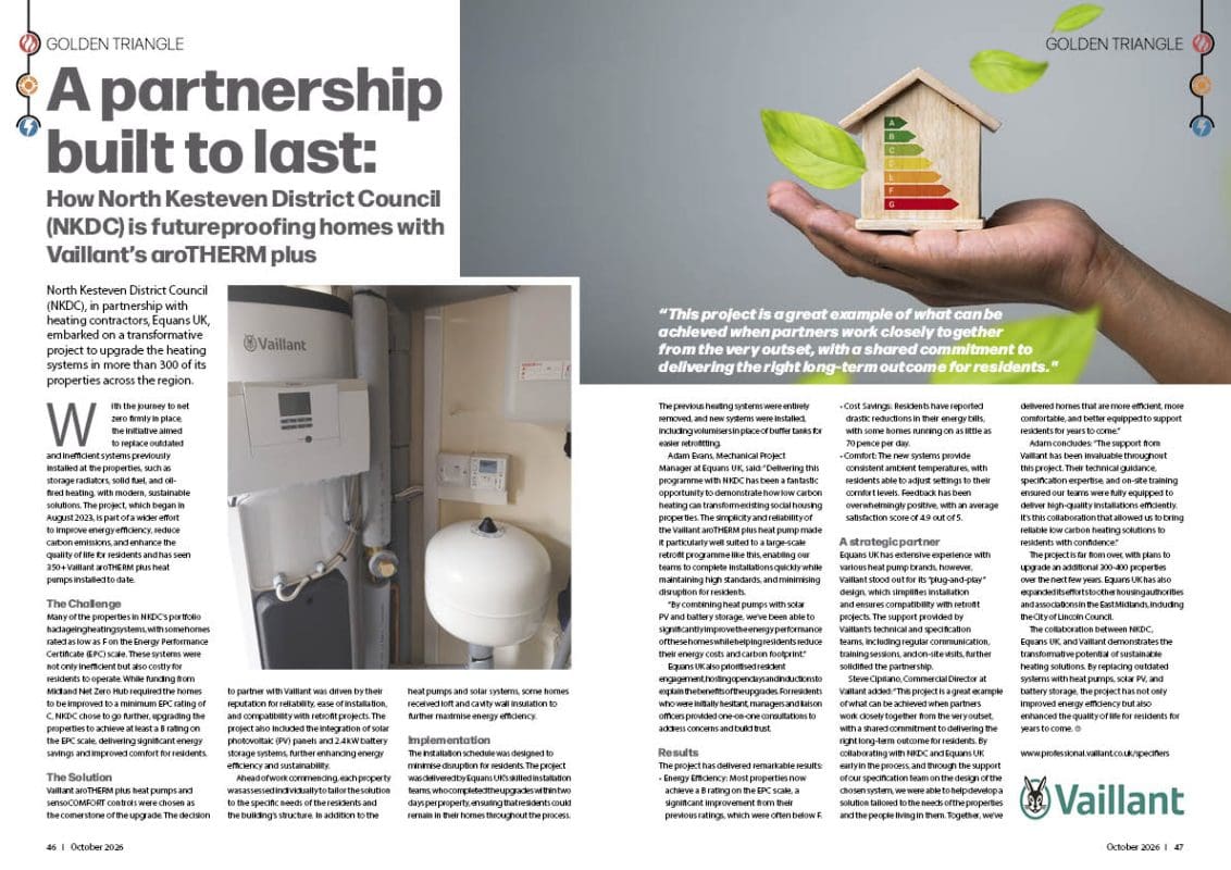 Magazine spread on North Kesteven District Council's heating upgrade, with a Vaillant hot water cylinder and controls installed in a home and a hand holding a model house beside an energy efficiency rating chart.