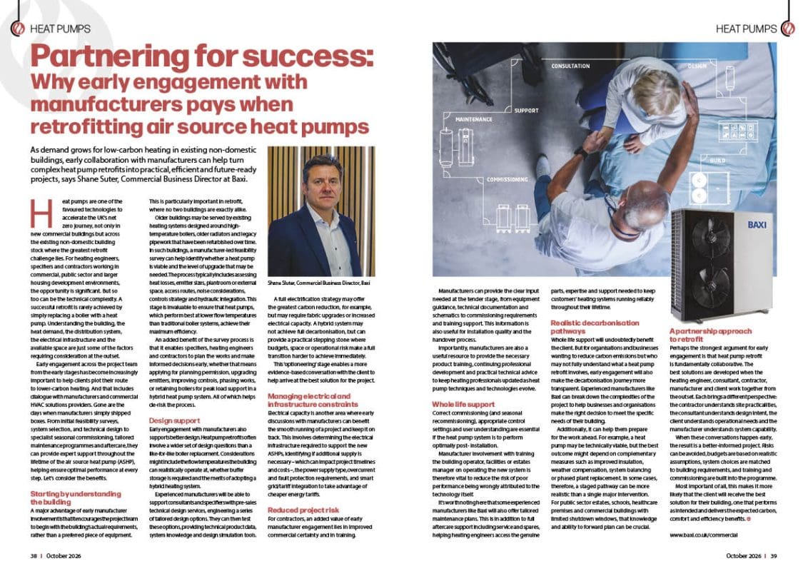 Magazine spread for "Partnering for success", with a portrait of Shane Suter of Baxi, two people reviewing building plans annotated with design, support, commissioning and maintenance stages, and a Baxi air source heat pump.
