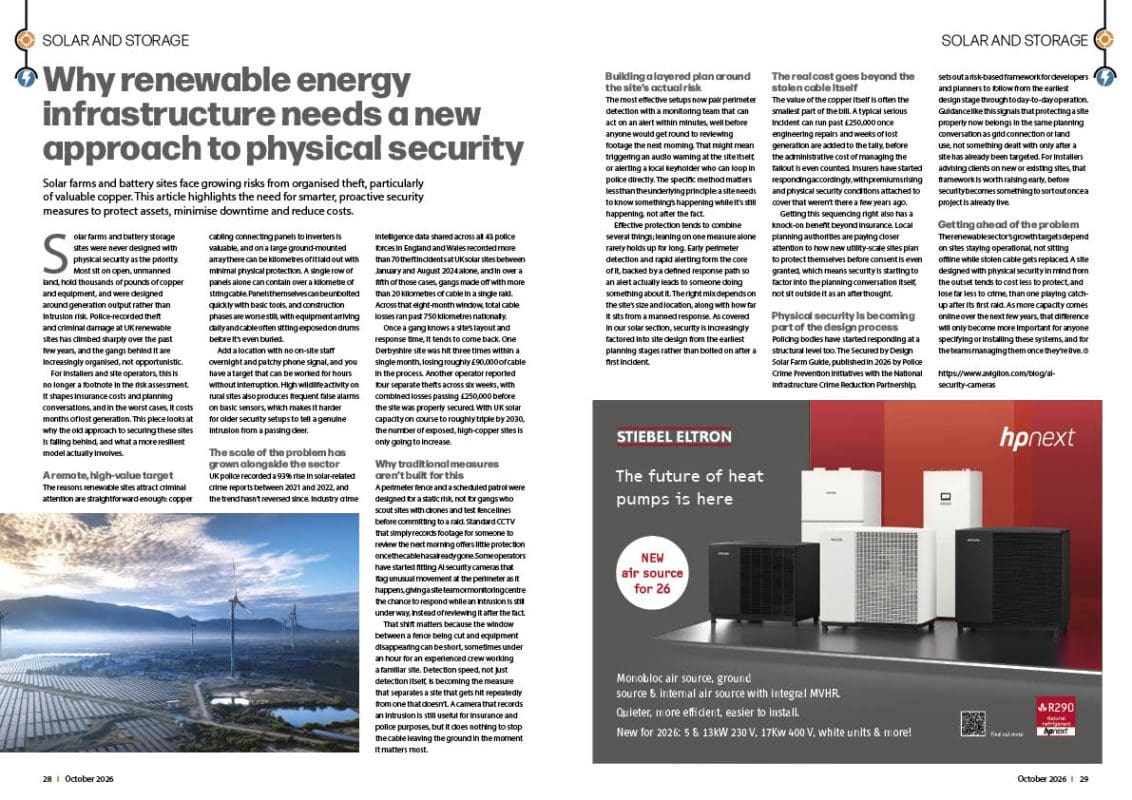 Magazine spread for "Why renewable energy infrastructure needs a new approach to physical security", illustrated with a solar farm and wind turbines at sunset.