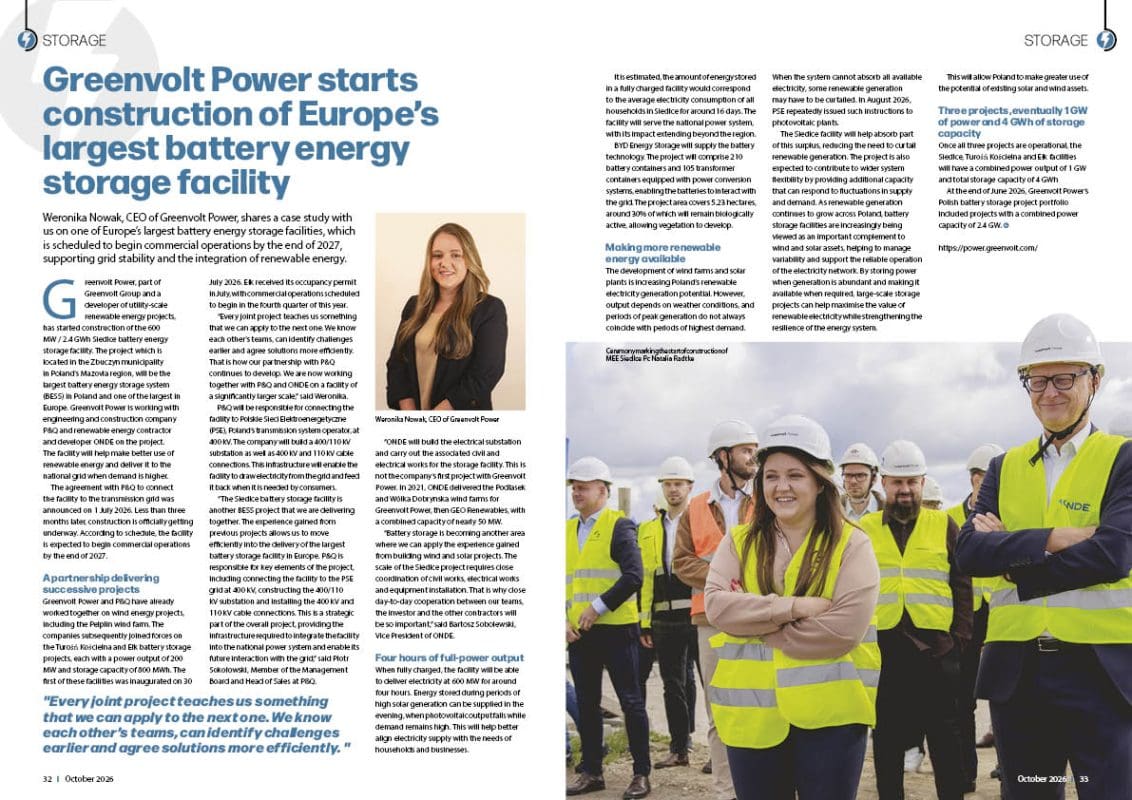 Magazine spread on Greenvolt Power's battery energy storage project, with a portrait of Weronika Nowak, CEO of Greenvolt Power, and a group in hard hats and high-visibility vests at the start of construction.